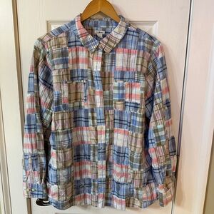 LL Bean Shirt Womens XL Roll Tab Long Sleeve Madras Plaid Patchwork Cotton